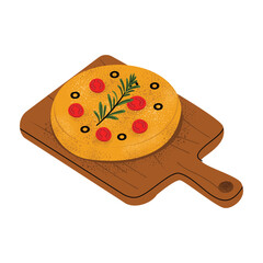 Focaccia bread illustration garnished with rosemary, cherry tomatoes, and olives on a wooden board. Ideal for bakery-related designs, food blogs, or menus. Flat vector style.