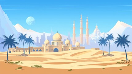 Naklejka premium Agrabah is famous for its bustling bazaar, where merchants sell spices, textiles, and exotic treasures from far-off lands
