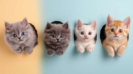 Four adorable kittens peeking through holes in pastel background.