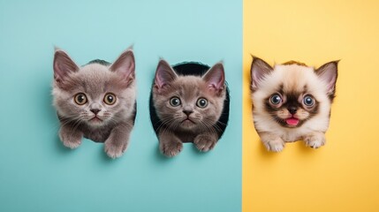 Three adorable kittens peeking through holes in pastel colored paper.