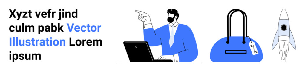 Business professional pointing while working on a laptop, a stylish handbag, and a launching rocket. Ideal for business strategies, e-commerce, travel, technology startup, product launch, digital