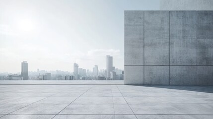 Fototapeta premium Empty concrete rooftop with city skyline in the background.