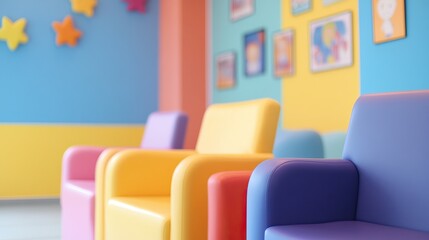 Colorful pediatric dental waiting room with playful wall decor and comfortable chairs for children in dentistry