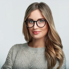Obraz premium beautiful woman, green eyes, glasses, knitted sweater, AI generated