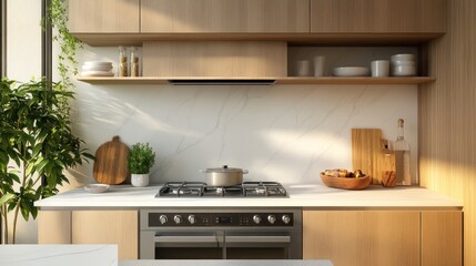 Modern kitchen with a stainless steel stove, white marble backsplash, and wooden cabinets.