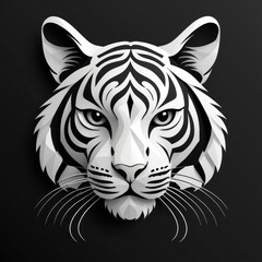 A stylized white tiger head design in monochrome