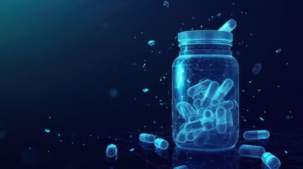 A 3D rendering of a glass bottle with pills, with a digital, futuristic, and abstract effect.