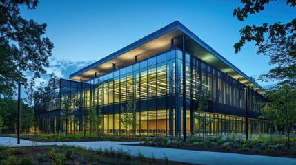 Obraz premium Modern office building with glass facade illuminated at dusk, with trees and a walkway in the foreground.