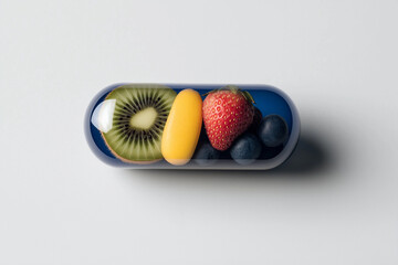 Vitaminreiche Früchte und eine Nahrungsergänzung in Kapsel-Form

