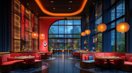Luxurious modern Chinese restaurant interior with large windows, red and blue accents, and traditional lanterns.