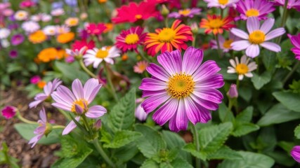 Vibrant purple flower petals and leaves in a lush garden setting, natural, garden