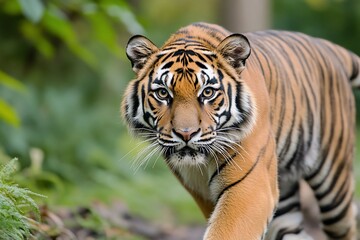 Obraz premium Majestic Malayan tiger walking towards camera in lush green foliage.