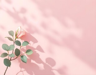 A delicate pink flower branch casting soft shadows on a pastel pink background.