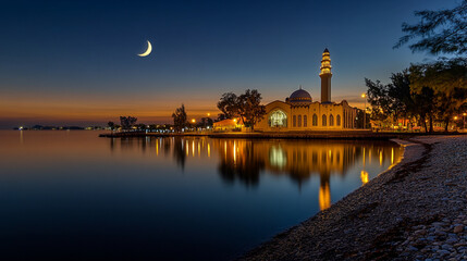 Serene twilight scene featuring a mosque by the water with a crescent moon overhead. © yaz.monroe