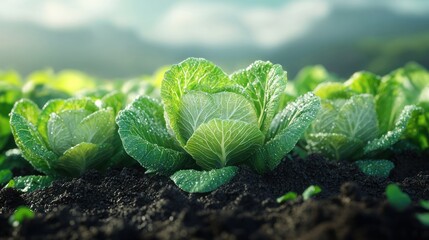 Dew-covered cabbages growing in a field.