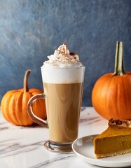 Generated image A pumpkin latte on a marble countertop with a pumpkin pie slice beside