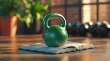 Fitness book with kettlebell in a home gym. Generative AI