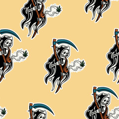 grim reaper old school illustration pattern, colorful