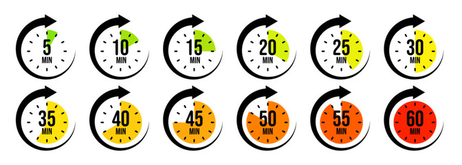 Stopwatch icons with pointer arrow. Colorful chronometer, time counter with dial. Countdown time, hours and minutes. Deadline, sport measurement. Cooking time label, sticker. Vector illustration