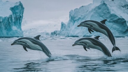 Fototapeta premium A pod of four dolphins leap from the icy waters of the arctic, with towering icebergs in the background.