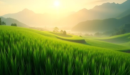 A breathtaking panorama of rolling green hills stretches out into the distance, bathed in the warm glow of the rising sun.