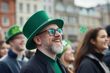 Happy man in green St. Patrick's Day hat, smiling, looking up.