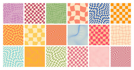 Groovy checkered pattern, colorful distorted tiled grid. Vintage wavy curved backdrop, distortion effect. Funky geometric chessboard texture, retro background in 90s style, y2k. Vector illustration