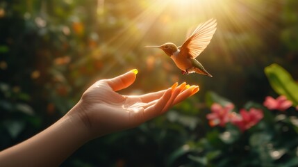 Obraz premium Hummingbird and Tropical Hand with Bright Orange Nails. Generative AI