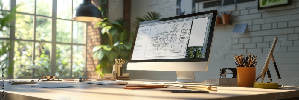 Poster modern engineering desk setup with computer and tools in a bright workspace surrounded by greenery. 