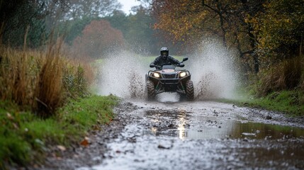 A man driving a quad bike through a muddy puddle on a dirt road.