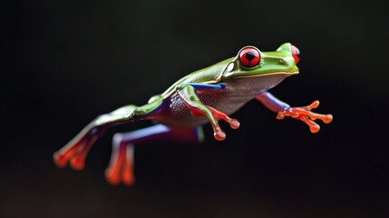Naklejka premium A vibrant green and red frog with striking red eyes leaps through the air, its body a blur of motion against a dark background.