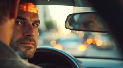 Naklejka premium A man driving a car, looking intently at the camera, with blurred cityscape in the background.