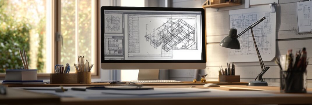 Modern engineering desk with computer displaying architectural design in a well lit workspace. Generative AI