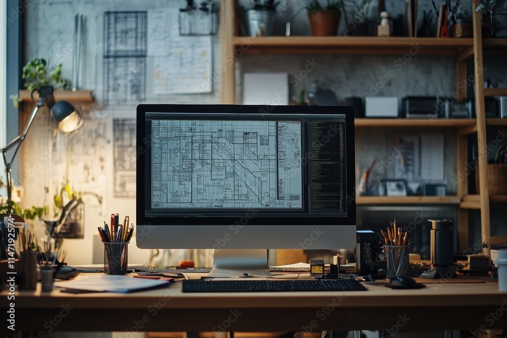 Aufkleber Modern engineering desk setup with detailed plans and ample workspace for creative projects. Generative AI