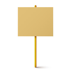 Blank colorful protest sign with wooden holder. Demonstration banner. Strike action cardboard placard mockup. Social advertisement. Vector illustration