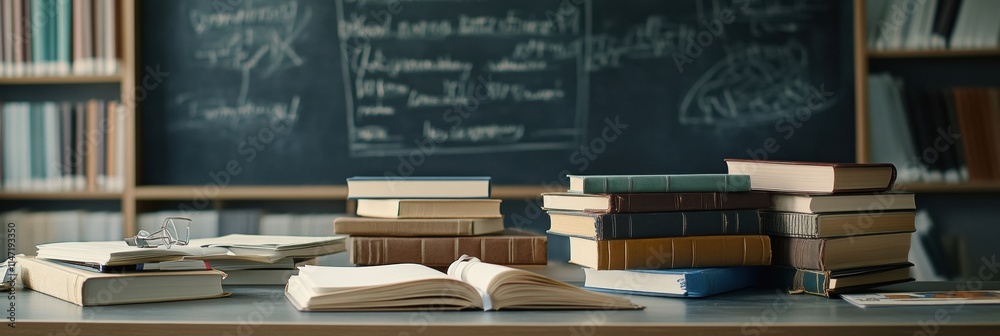 Aufkleber study space filled with books, notebooks, and stationery on a desk with chalkboard in the background
