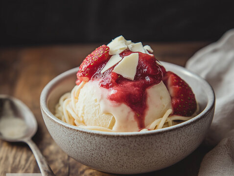 Spaghetti-Eis mit Erdbeerso&szlig;e und Kokosraspeln in Sch&uuml;ssel serviert

