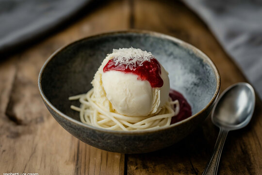 Spaghetti-Eis mit Erdbeerso&szlig;e und Kokosraspeln in Sch&uuml;ssel serviert

