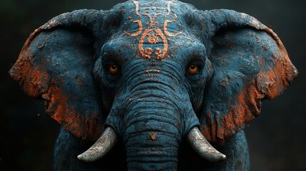 Fototapeta premium A blue elephant with orange markings on its face