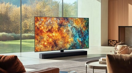 Modern flat screen TV with sound bar in a modern living room.