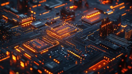 Obraz premium Glowing orange circuits on a dark motherboard.