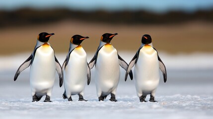 Obraz premium Four King penguins walking in a row on snow.