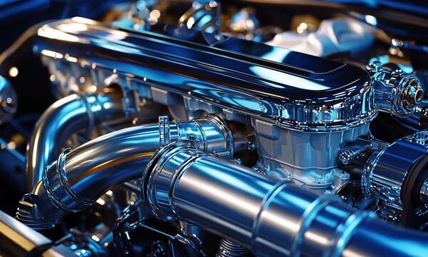 Close-up of a polished automotive engine component.