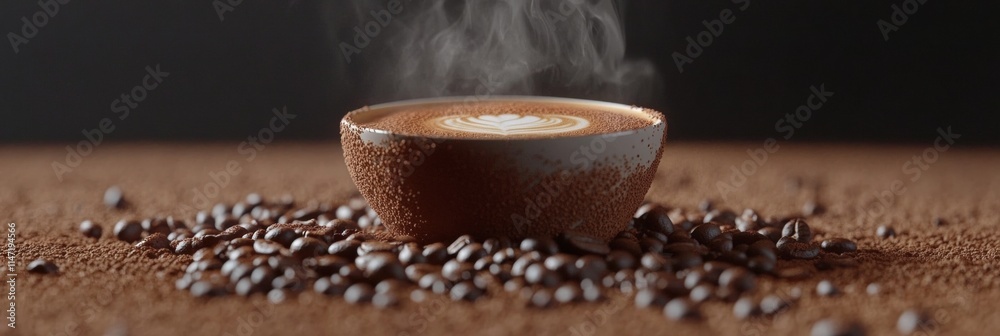 Poster close up view of steaming coffee cup surrounded by coffee beans on a textured surface in a cozy atmo