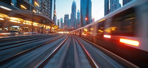 Obraz premium Fast train passing city skyscrapers at dusk.
