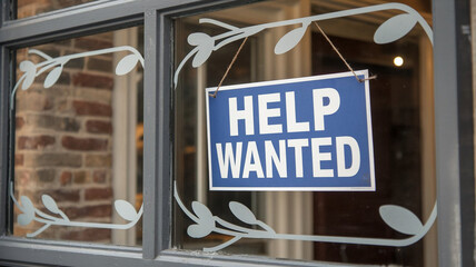 Close-up of a 'Help Wanted' flyer displayed in a storefront window, inviting job seekers to apply for open positions. The sign is framed by reflections of the surrounding environment