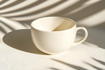 A white cup sits on a surface, bathed in soft morning light, casting lovely shadows