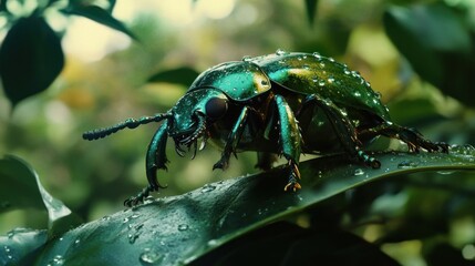 A vibrant green beetle with iridescent shell perched on a dew-covered leaf, surrounded by lush greenery.