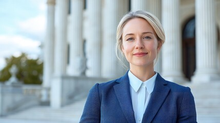 Fototapeta premium Confident businesswoman smiling outdoors near courthouse.