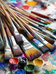 Fototapeta premium Creative workspace filled with brushes, vibrant paints, and canvases ready for artistic expressions and inspiration. Generative AI